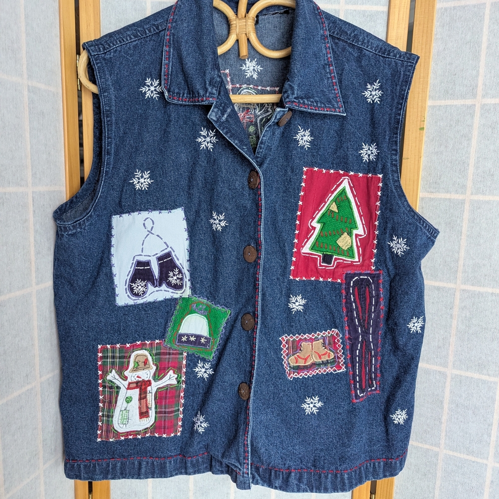 Northcrest Blue Denim Vest with Festive Patches